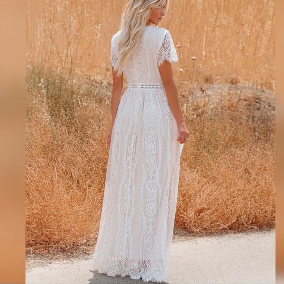 NEW Odizli Boho Maxi Dress 6 Embroidered Mesh Lace Bridesmaid Beachy White Flowy - Picture 7 of 13